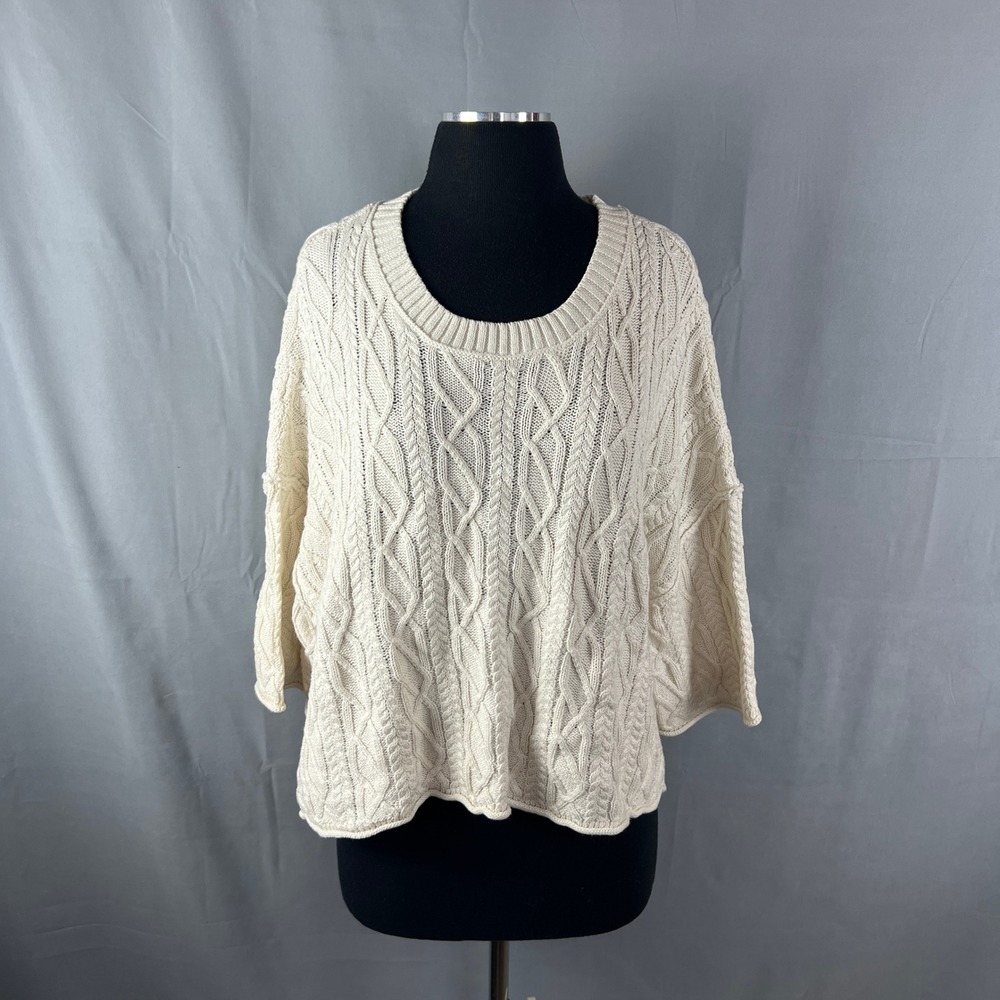 Freshman 1996 Cropped Sweater Womens XL Beige Cable Knit Cotton Boxy Fit Cozy